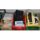 3 BOXES WITH ASSORTED CAMERAS, VINTAGE COMMODORE COMPUTER WITH ACCESSORIES, CERAMIC BOTTLE,