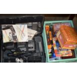 VINTAGE CAMCORDER & BOX WITH VARIOUS TOYS, MODEL VEHICLES ETC