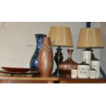 SET OF KITCHEN STORAGE JARS, PAIR OF MODERN LAMPS WITH SHADES, 2 DISHES & 3 VARIOUS DECORATIVE VASES