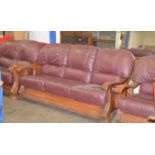 3 PIECE WOODEN FRAMED LEATHER LOUNGE SUITE COMPRISING 3 SEATER, 2 SEATER & SINGLE CHAIR