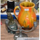 CROWN DUCAL JUG, ARTS & CRAFTS STYLE CANDLE STAND & CAT ORNAMENT ON STAND