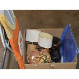 COMPACT IRONING BOARD & BOX CONTAINING TABLE LAMPS, VARIOUS DISHES, SERVING TRAYS ETC