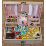 BOX WITH ASSORTED COSTUME JEWELLERY, BEADS, SILVER FOB MEDAL, COINAGE, EARRINGS, GILT CHAINS ETC