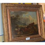 SMALL GILT FRAMED OIL ON BOARD, HIGHLAND SCENE WITH CATTLE