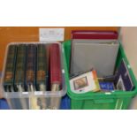 2 BOXES WITH VARIOUS STAMP ALBUMS, COINS ETC