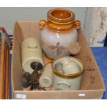 BOX WITH ASSORTED CERAMIC BOTTLES, CANDLE STANDS, LIDDED JAR ETC