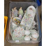 BOX WITH QUANTITY MINTON'S TEA WARE, VARIOUS FIGURINE ORNAMENTS ETC