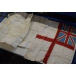 2 OLD 18TH CENTURY DOCUMENTS ON VELLUM & OLD BRITISH FLAG