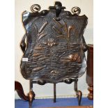 ORNATE ARTS & CRAFTS COPPER FIRE SCREEN WITH FISH DESIGN IN RELIEF