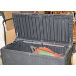 GARDEN STORAGE BOX WITH FLYMO LAWNMOWER, STRIMMER ETC