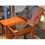 NEST OF 3 TEAK GLASS TOP TABLES, LLOYD LOOM STYLE CHAIR & NEST OF 2 TABLES