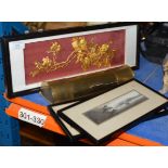FRAMED CHINESE YELLOW METAL PICTURE DISPLAY, 2 SMALL FRAMED ORIENTAL PICTURES & BRASS DESK STAND
