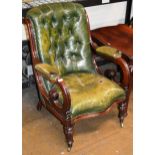 VICTORIAN MAHOGANY & GREEN LEATHER BUTTON BACK CLUB CHAIR ON BRASS CASTORS