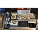 TRAY WITH 9 CARAT GOLD WEDDING BAND, MODERN POCKET WATCH & ASSORTED COSTUME JEWELLERY
