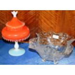 DECORATIVE ETCHED GLASS SHAPED BOWL & COLOURED GLASS LIDDED VASE