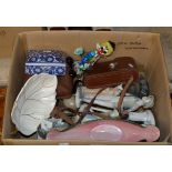 BOX WITH CARLTON WARE DISH, MALING BASKET, NAO STYLE FIGURINES, CLOWN ORNAMENT ETC