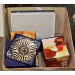 BOX CONTAINING CAR POLISHER, TOASTER IN BOX, ROYAL WORCESTER DISHES ETC