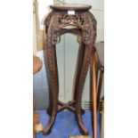 25½" CHINESE HEAVILY CARVED PLANT STAND WITH ROUGE MARBLE TOP