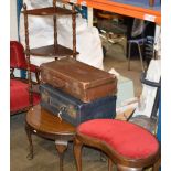 MAHOGANY WHAT NOT, COFFEE TABLE, PADDED STOOL & 2 VINTAGE CASES