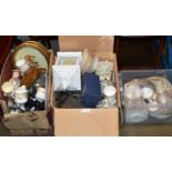 3 BOXES WITH VARIOUS CRYSTAL WARE, CANDLE STANDS, BINOCULARS, SEWN PICTURES, USING CRYSTAL WARE,