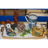 TRAY WITH CHINESE BRASS TEAPOT WITH CLOISONNÉ PANEL, OLD BLUE & WHITE CHINOISERIE POTTERY TANKARD,