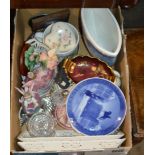 BOX WITH ROYAL COPENHAGEN PLATE, MIXED CERAMICS, GLASS WARE & GENERAL BRIC-A-BRAC