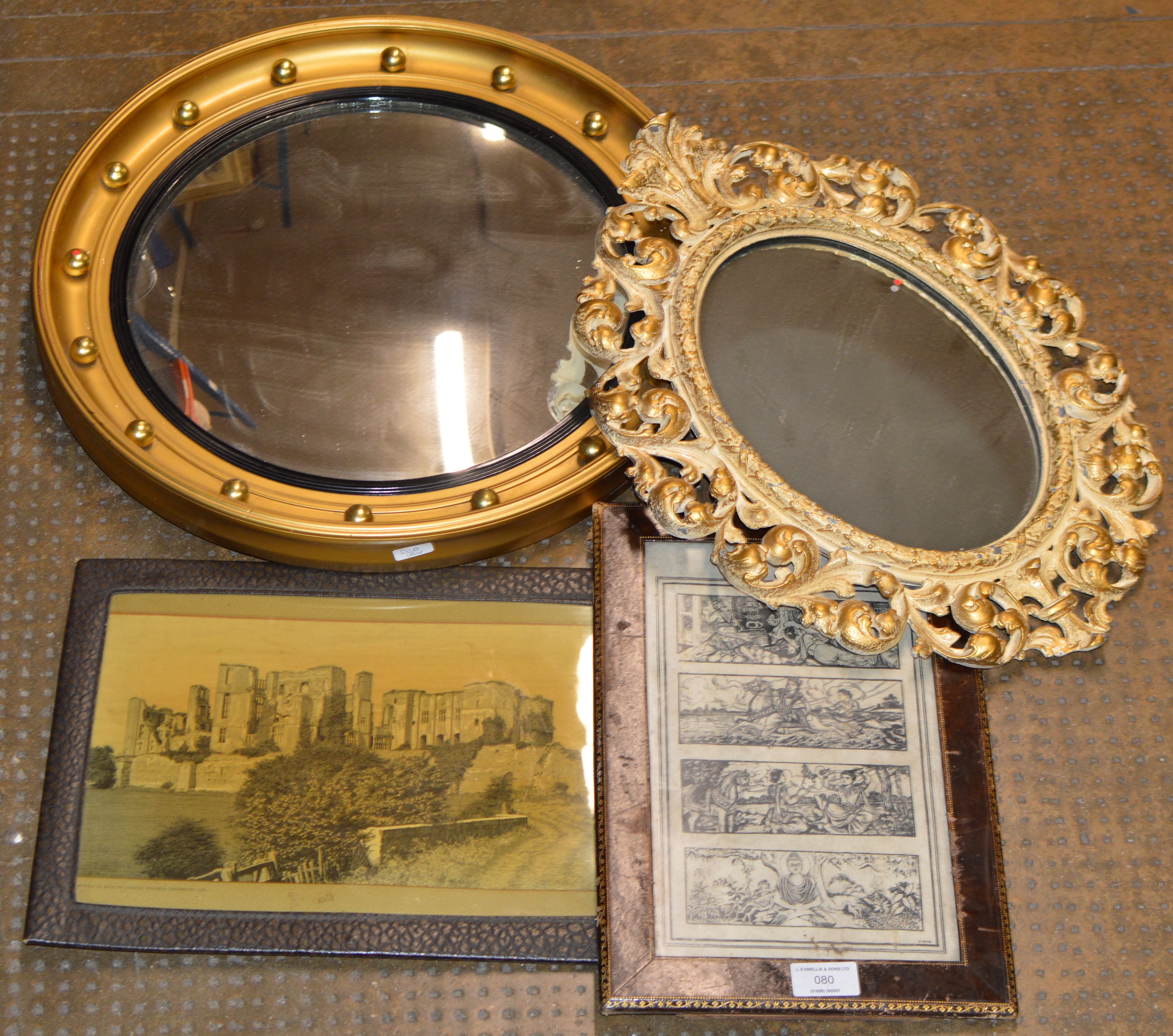 FRAMED WOVEN SILK PICTURE BY THOMAS STEVENS, LEATHER FRAMED PICTURE & 2 GILT FRAMED WALL MIRRORS