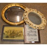 FRAMED WOVEN SILK PICTURE BY THOMAS STEVENS, LEATHER FRAMED PICTURE & 2 GILT FRAMED WALL MIRRORS