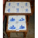 2 SMALL OAK TABLES INSET WITH OLD DELFT STYLE BLUE & WHITE TILES