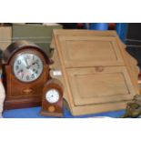 PINE CORNER WALL CABINET & 2 INLAID MAHOGANY MANTLE CLOCKS