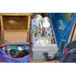 LARGE FISHING TACKLE BOX & BAG WITH ASSORTED FISHING ACCESSORIES, BIG GAME ACCESSORIES, FLY REELS,