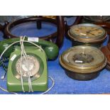 VINTAGE TELEPHONE, BAROMETER, CLOCK & PAIR OF BELLOWS