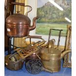 VARIOUS FIRE SIDE ITEMS, COPPER KETTLES, TRIVET STANDS, BRASS PAN, WATERING CAN ETC