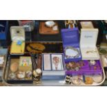 TRAY CONTAINING QUANTITY COSTUME JEWELLERY, DECORATIVE BOX, ROYALTY MEDALS, WATCHES ETC