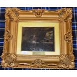 6¾" X 8¾" GILT FRAMED OIL ON BOARD - A HIGHLAND INTERIOR, BY ALEX FRASER R.S.A.