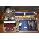 TRAY WITH VARIOUS DRAWING INSTRUMENTS, EP TEA WARE, CUTLERY, HORSE SHOE DISPLAYS ETC