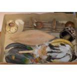 BOX WITH VARIOUS VINTAGE FEATHER DISPLAYS, TRIBAL STYLE WOODEN WARE, DECORATIVE VASE ETC