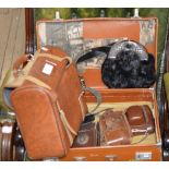 LEATHER EFFECT CASE, SPORRAN, SET OF BOWLS, VINTAGE CAMERAS ETC