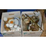 2 BOXES WITH QUANTITY VARIOUS TEA WARE, GLASS SUNDAE DISHES, CANDELABRA, FRUIT BOWL, PLAYING CARDS &