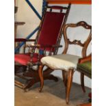 MAHOGANY FRAMED ROCKING CHAIR & VICTORIAN MAHOGANY CHAIR WITH PADDED SEAT