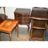 MAHOGANY CHEST, FLIP TOP MUSICAL TABLE & 3 TIER TROLLEY