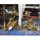 PAIR OF UNUSUAL BRASS CANDLE STICKS MODELLED AS GRYPHONS & 2 OTHER PAIRS OF CANDLE STICKS