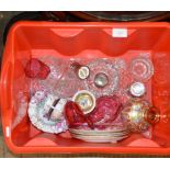 BOX WITH DECORATIVE LIDDED SCENT BOTTLE, CRYSTAL WARE, CRANBERRY GLASS WARE, TEA PLATES ETC