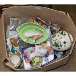 BOX WITH MIXED CERAMICS, EP CANDLE STICKS, VARIOUS DISHES & GENERAL BRIC-A-BRAC