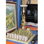 PART ONYX CHESS SET, ONYX SMOKERS STAND, TABLE LIGHTER & TRINKET BOX