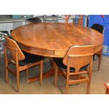 MID CENTURY ROSEWOOD DINING TABLE WITH 4 RETRO TEAK PADDED CHAIRS