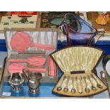 TRAY WITH DECO STYLE VANITY SET, CASED SET OF 6 EP SPOONS, DECORATIVE GLASS VASE, SUGAR & CREAM ETC