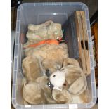 BOX WITH SOFT TOYS, VARIOUS RECORDS ETC