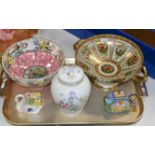 TRAY WITH GENERAL CERAMICS, NORITAKE DOUBLE HANDLED FOOTED BOWL, MALING BOWL, ENAMEL TEA POT ETC