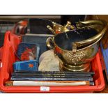 BOX WITH PICTORIAL REVIEW BOOKS, SMALL BRASS COAL BUCKET, PLAQUE, WALL MIRROR ETC